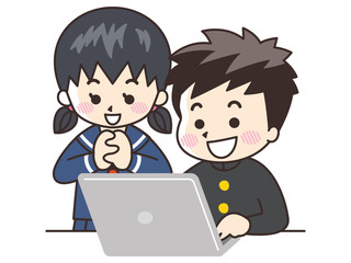 ノートパソコンを見る中高生の男女