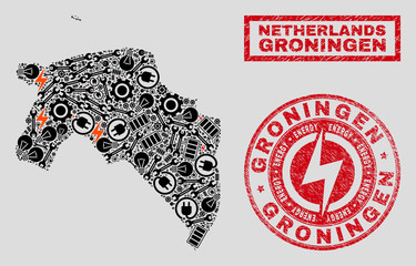 Composition of mosaic power supply Groningen Province map and grunge stamps. Mosaic vector Groningen Province map is created with hardware and power elements. Black and red colors used.