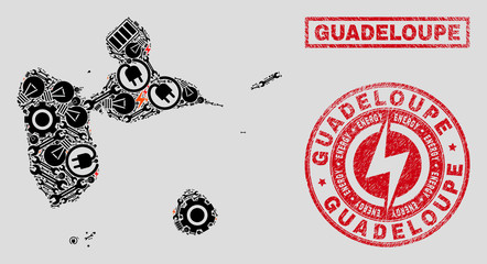 Composition of mosaic power supply Guadeloupe map and grunge seals. Mosaic vector Guadeloupe map is composed with gear and energy symbols. Black and red colors used. Concept for power supply services.