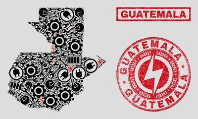 Composition of mosaic power supply Guatemala map and grunge stamps. Mosaic vector Guatemala map is designed with hardware and innovation elements. Black and red colors used.