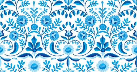 Vector seamless embroidery pattern, decorative textile ornament, pillow or bandana decor. Bohemian handmade style background design. - 272341956