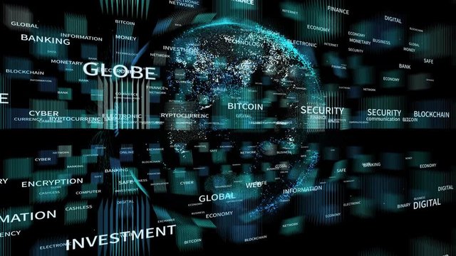4k blockchain Animated Tag Word Cloud,Text Design Animation,important Related terms about blockchain,abstract earth background.