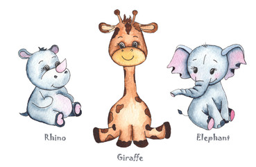 Hand-drawn watercolor children’s animals with cute lion, giraffe, elephant, Rhino, monkey, Zebra, crocodile, iguana, wombat, Panda, Koala 