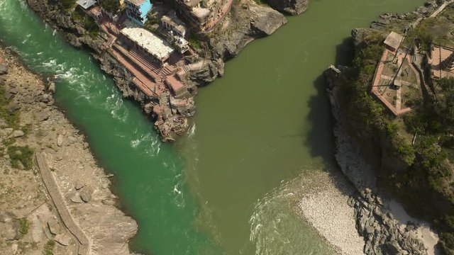 Devprayag, India, alakananda and bhagirathi holy rivers mix to become ganges, 4k aerial drone view
