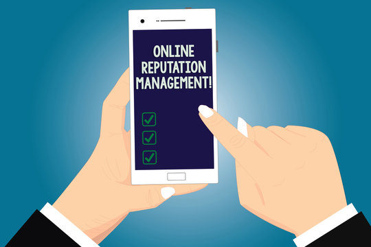Text sign showing Online Reputation Management. Conceptual photo taking control of the online conversation Hu analysis Hands Holding Pointing Touching Smartphone Blank Color Screen