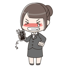 スマートフォンが壊れて悔しがっているスーツの女性