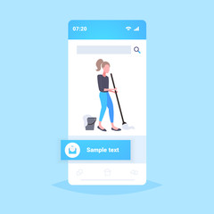 housewife mopping floor woman cleaner using mop cleaning service housework concept smartphone screen mobile online application full length flat