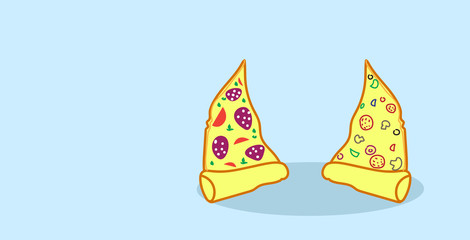 two hot pizza slices tasty classic fast food concept hand drawn sketch style horizontal