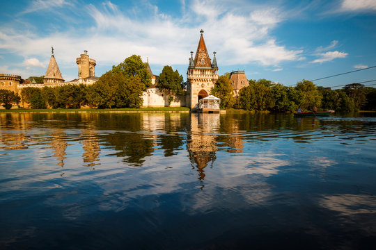 Laxenburg castle (Franzensburg) near Vienna (Austria) with the lake in the foreground