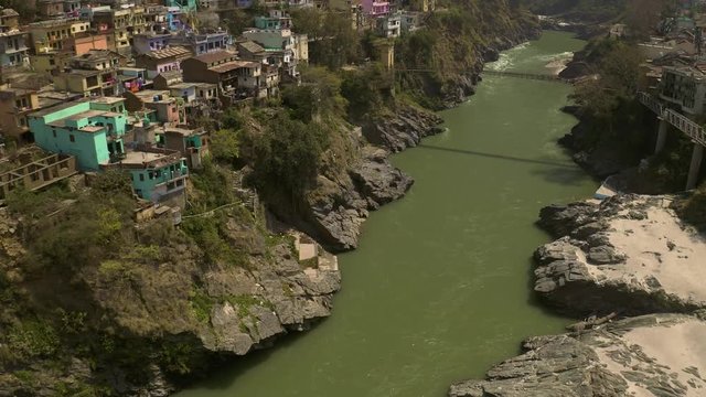 Devprayag, India, alakananda and bhagirathi holy rivers mix to become ganges, 4k aerial drone view