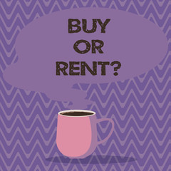 Text sign showing Buy Or Rentquestion. Conceptual photo asking someone if you should pay for use or peranalysisent Mug photo Cup of Hot Coffee with Blank Color Speech Bubble as Steam icon