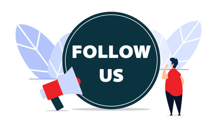 follow us and like us in flat style design with a man looking at follow us sign