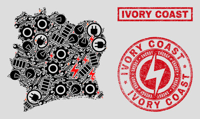Composition of mosaic power supply Ivory Coast map and grunge watermarks. Mosaic vector Ivory Coast map is designed with service and energy icons. Black and red colors used.