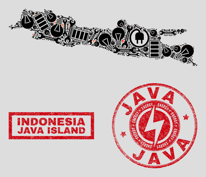 Composition of mosaic power supply Java Island map and grunge watermarks. Mosaic vector Java Island map is composed with equipment and energy elements. Black and red colors used.
