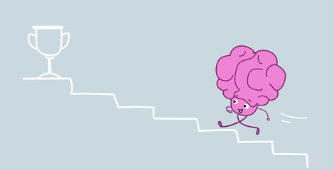 cute human brain climbing stairs up to golden trophy cup pink cartoon character winner success competition concept kawaii sketch style horizontal