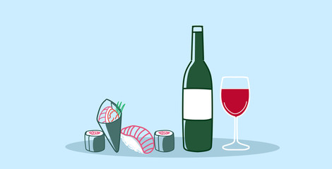 sushi rolls with glass of red wine traditional japanese kitchen romantic dinner concept sketch doodle hand drawn horizontal