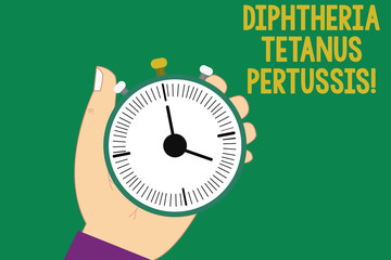 Text sign showing Diphtheria Tetanus Pertussis. Conceptual photo vaccines against three infectious diseases Hu analysis Hand Holding Mechanical Stop Watch Timer with Start Stop Button