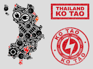 Composition of mosaic power supply Ko Tao map and grunge stamps. Mosaic vector Ko Tao map is composed with equipment and power elements. Black and red colors used.