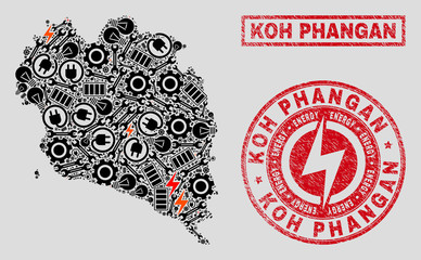 Composition of mosaic power supply Koh Phangan map and grunge stamp seals. Mosaic vector Koh Phangan map is designed with tools and innovation icons. Black and red colors used.