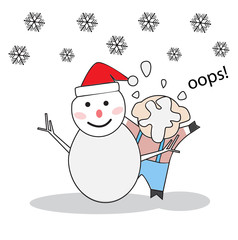 Merry Christmas with snowman and a pig greeting card.