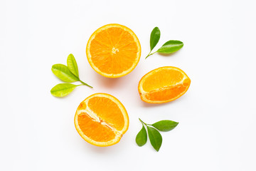 High vitamin C. Fresh orange citrus fruit with leaves isolated on white.