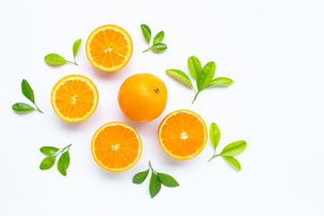 High vitamin C, Juicy and sweet. Fresh orange fruit with green leaves  on white