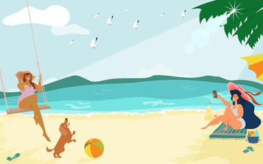 Obraz na płótnie Canvas Group of happy lady in swimming suits enjoying summer vacation on beach. Young leisure activity and vintage colors style. Cartoon flat vector illustration.