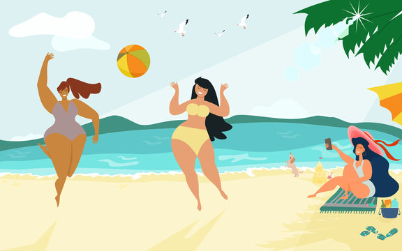 Group of happy lady in swimming suits enjoying summer vacation on beach. Young leisure activity and vintage colors style. Cartoon flat vector illustration.