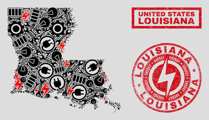 Composition of mosaic power supply Louisiana State map and grunge stamps. Mosaic vector Louisiana State map is created with repair and innovation elements. Black and red colors used.
