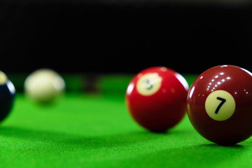 Close-up photos, playing billiard balls, various numbers, stabbing the ball, numbers and green ground