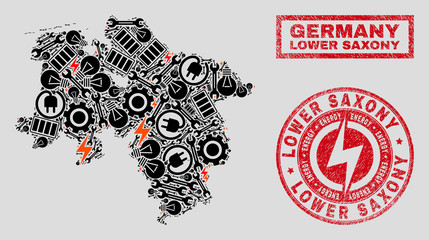 Composition of mosaic power supply Lower Saxony Land map and grunge stamp seals. Mosaic vector Lower Saxony Land map is created with service and innovation elements. Black and red colors used.