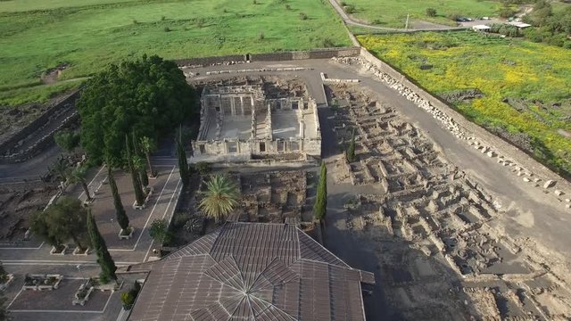 Flying over Octagonal Church and Ancient Synagogue at Capernaum. DJI-0009-06