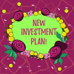 Text sign showing New Investment Plan. Conceptual photo investors make regular equal payments into mutual fund Floral Wreath made of Tiny Seeds Small Glossy Pomegranate and Cut Beet