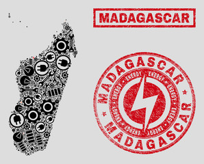 Composition of mosaic power supply Madagascar Island map and grunge stamps. Mosaic vector Madagascar Island map is composed with tools and innovation symbols. Black and red colors used.