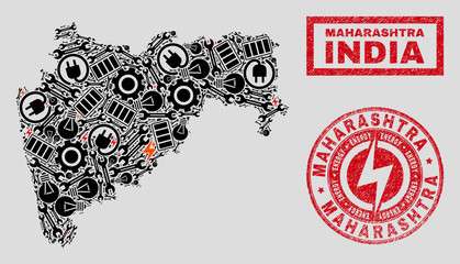 Composition of mosaic power supply Maharashtra State map and grunge stamp seals. Mosaic vector Maharashtra State map is created with hardware and innovation symbols. Black and red colors used.