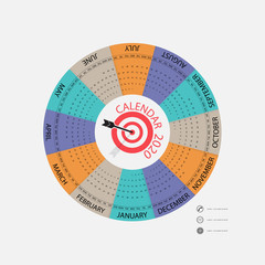2020 Calendar Template.Circle calendar template.Calendar 2020 Set of 12 Months.Starts from Sunday.Yearly calendar vector design stationery template.Vector illustration.