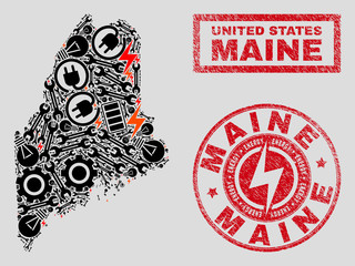 Composition of mosaic power supply Maine Land map and grunge stamps. Mosaic vector Maine Land map is composed with hardware and bulb elements. Black and red colors used.