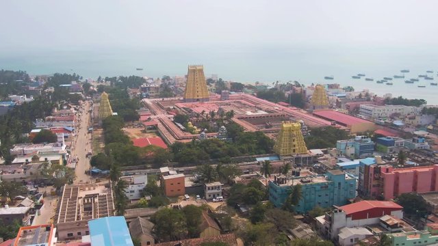 Rameswaram ancient Shiva temple, India 4k aerial skyline and ocean drone view