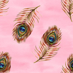 Seamless watercolor pattern with gold peacock feathers