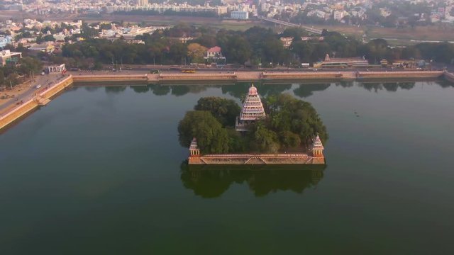 Madurai Vandiyur Mariamman Teppakulam pond temple, India, 4k aerial 