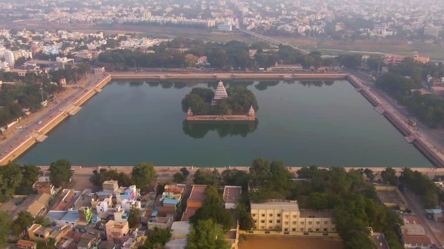 Madurai Vandiyur Mariamman Teppakulam pond temple, India, 4k aerial 