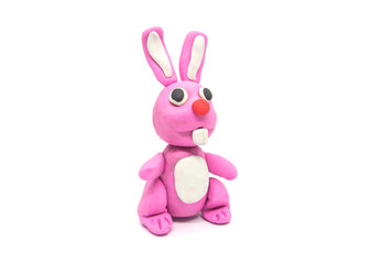 Play dough rabbit on white background. Handmade clay plasticine