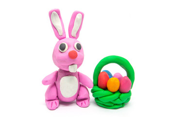 Play dough rabbit on white background. Handmade clay plasticine