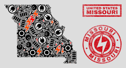 Composition of mosaic power supply Missouri State map and grunge watermarks. Mosaic vector Missouri State map is composed with gear and power icons. Black and red colors used.