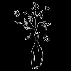 Abstract wild flowers bouquet isolated on black background. Hand drawn vector illustration. Outline icon