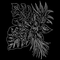 Vector hand drawn sketch with tropical leaves and flowers isolated on black background. Exotic botanical design elements for wedding invitation cards, cosmetics, spa, perfume, beauty salon. Outline