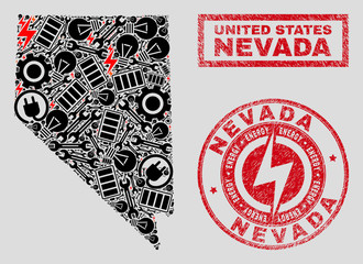 Composition of mosaic electricity Nevada State map and grunge watermarks. Mosaic vector Nevada State map is composed with gear and electricity elements. Black and red colors used.