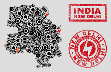 Composition of mosaic power supply New Delhi City map and grunge watermarks. Mosaic vector New Delhi City map is created with repair and innovation symbols. Black and red colors used.