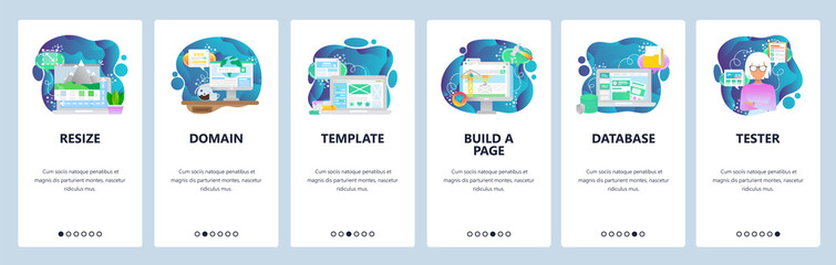 Mobile app onboarding screens. Image resize, www domain internet, template, database. Menu vector banner template for website and mobile development. Web site design flat illustration