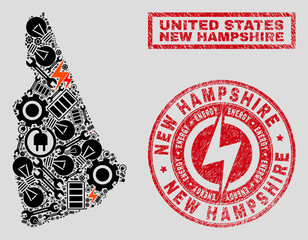 Composition of mosaic power supply New Hampshire State map and grunge seals. Mosaic vector New Hampshire State map is designed with workshop and lamp elements. Black and red colors used.